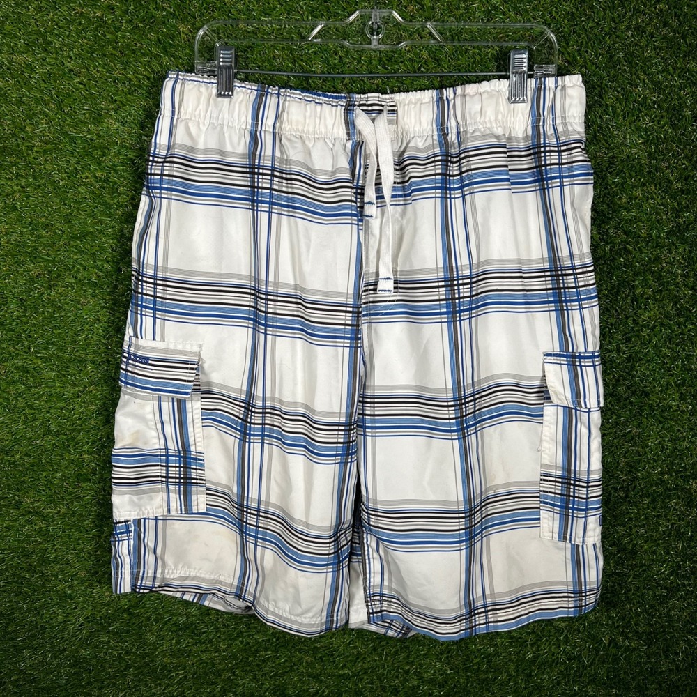 US Polo Assn Mens‎ XL Swim Trunks White Blue Plaid Cargo Board Shorts